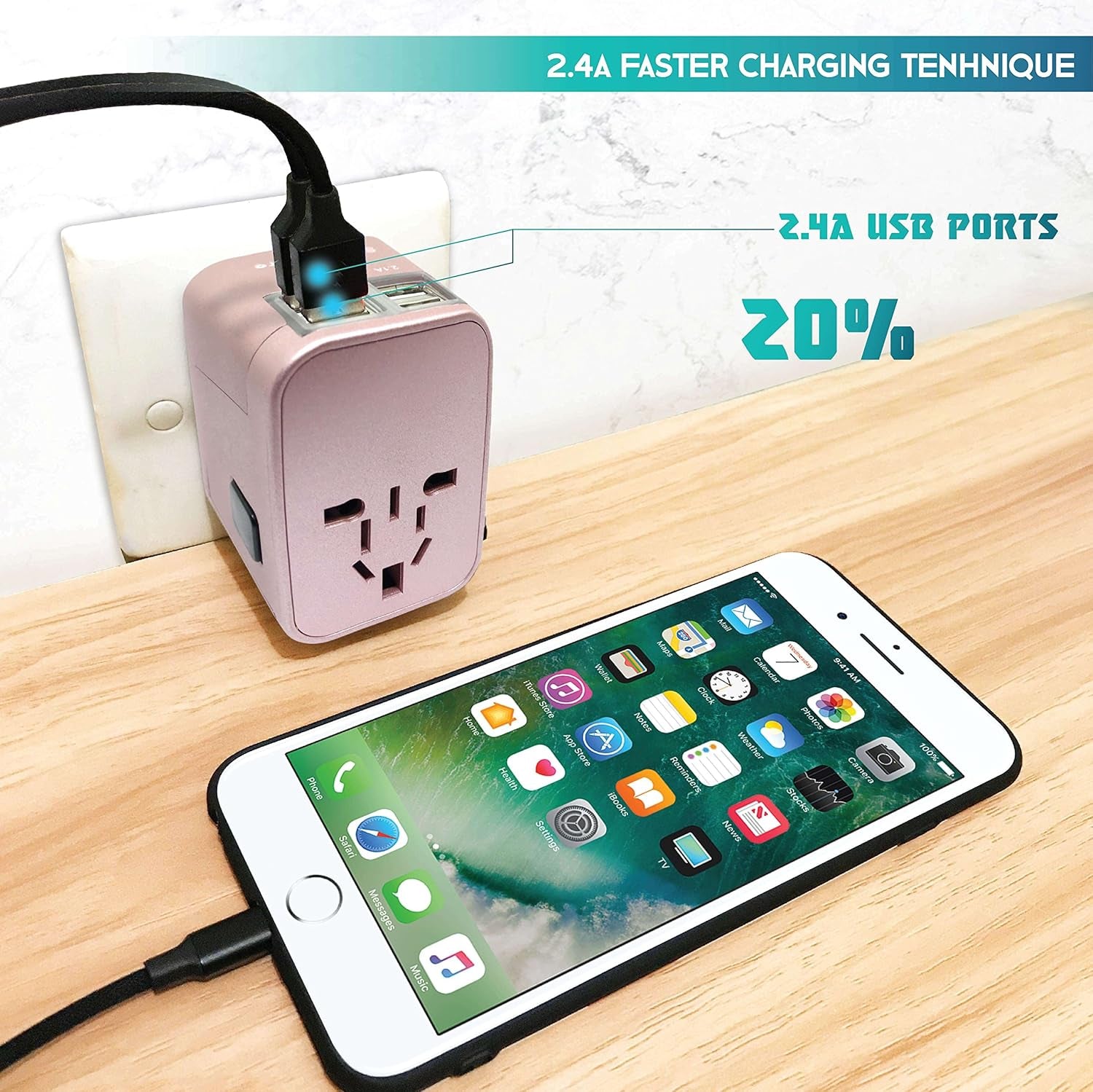 Universal Travel Adapter International All in One Plug (Rose Gold)- W/4 USB Ports Work - 150+ Countries - 220 Volt - Type C a G I for UK Japan Germany France EU European
