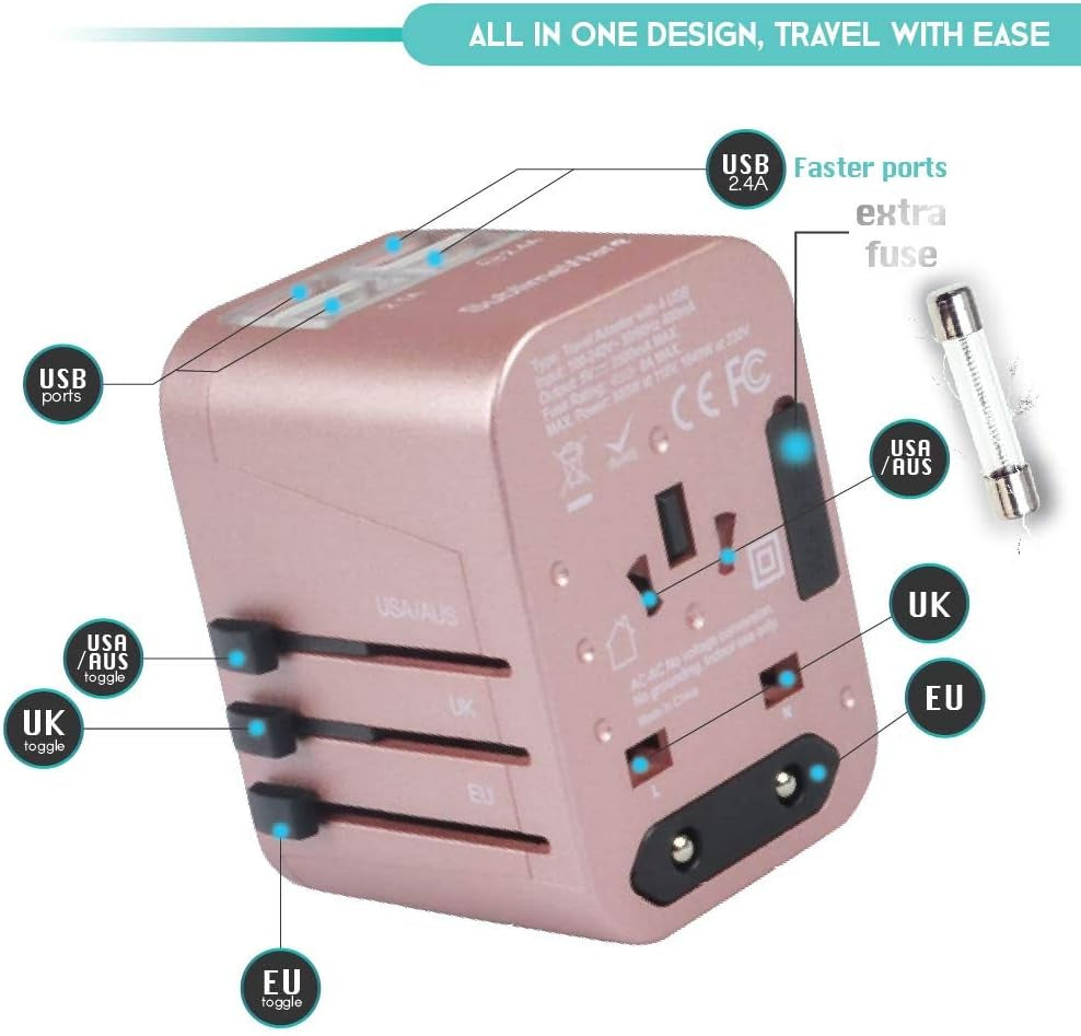Universal Travel Adapter International All in One Plug (Rose Gold)- W/4 USB Ports Work - 150+ Countries - 220 Volt - Type C a G I for UK Japan Germany France EU European