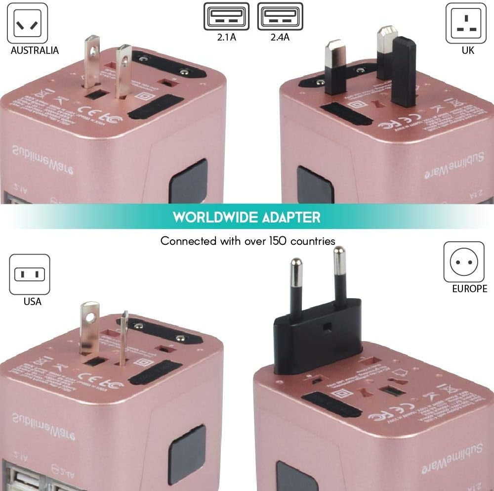 Universal Travel Adapter International All in One Plug (Rose Gold)- W/4 USB Ports Work - 150+ Countries - 220 Volt - Type C a G I for UK Japan Germany France EU European